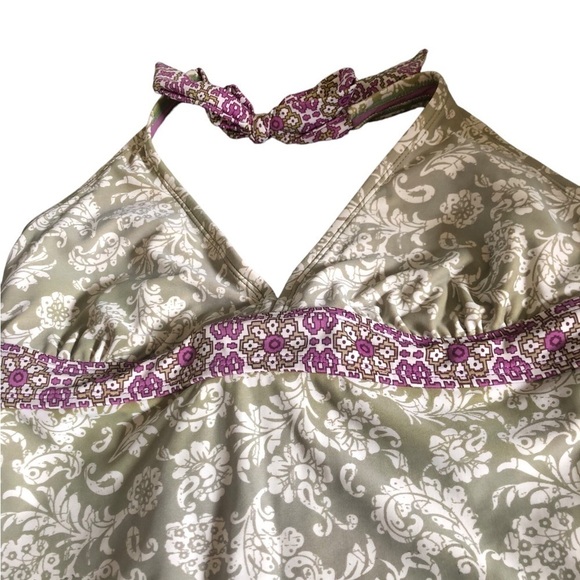 Athleta One Piece Halter Swimsuit Sz. XL Celery Purple Floral Cut Out Tied Back - Picture 4 of 7